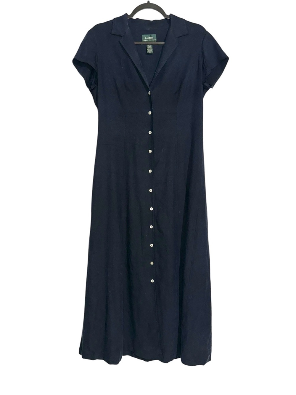 Lauren Ralph Lauren Silk Navy Button Front Short Sleeve Midi Dress Shirt 10